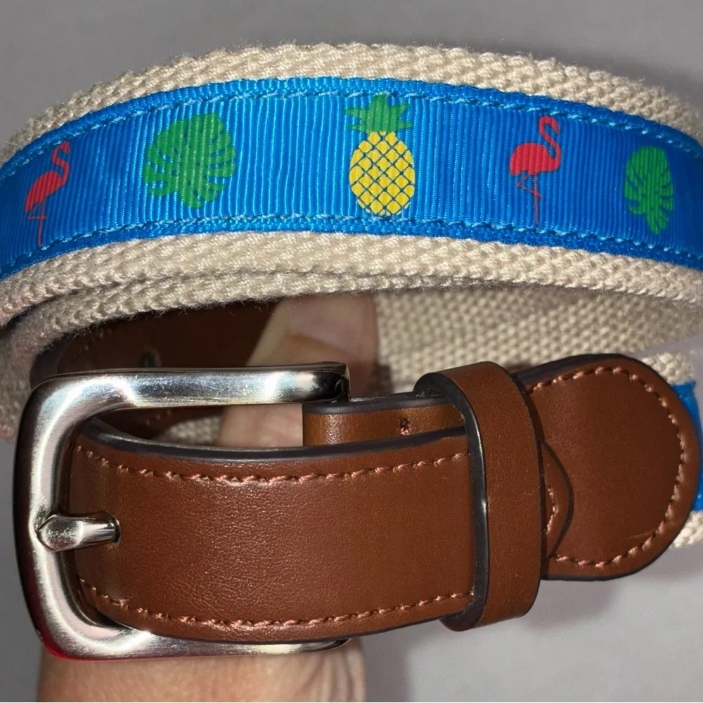 Men’s Ribbon Canvas Flamingo Pineapple Monstera Mens XL (34-38) Silver Buckle